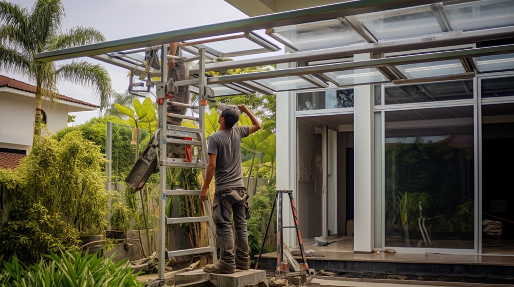 Proses pembuatan kanopi di rumah minimalis, dilakukan oleh dua orang.
