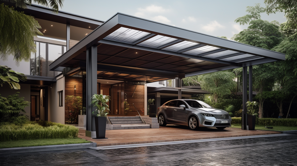 Kanopi baja ringan dengan atap transparan untuk carport rumah mewah.
