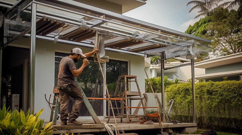 Proses pemasangan kanopi galvalum di halaman rumah minimalis.