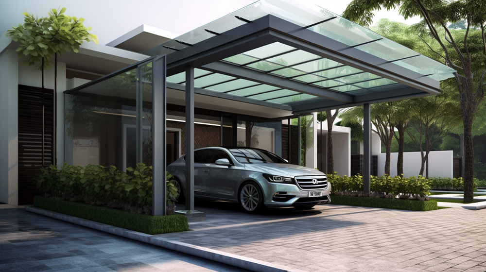Rumah dengan kanopi rangka besi warna hitam dan atap kaca untuk carport.