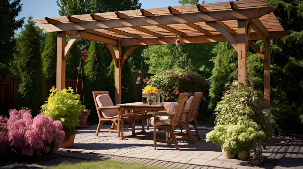 Kanopi pergola kayu di sebuah taman penuh tanaman.
