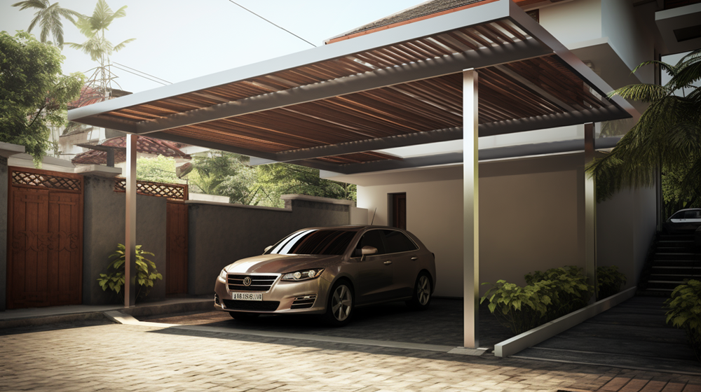 Kanopi minimalis dengan teralis kayu untuk carport.
