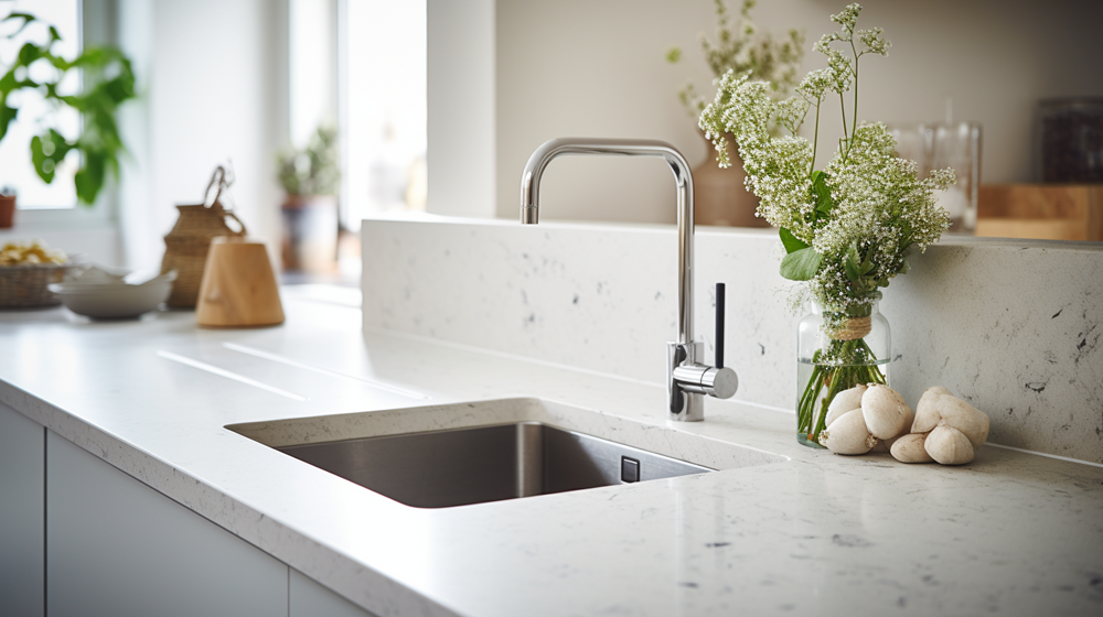 Solid surface dengan single sink pada dapur berwarna putih.