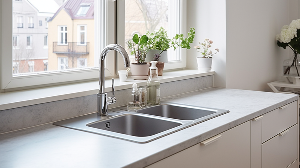 Solid surface pada kitchen set minimalis dengan double sink.