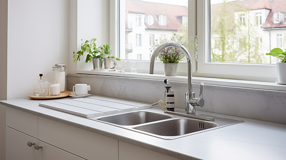 Solid surface pada dapur minimalis dengan tone warna putih.