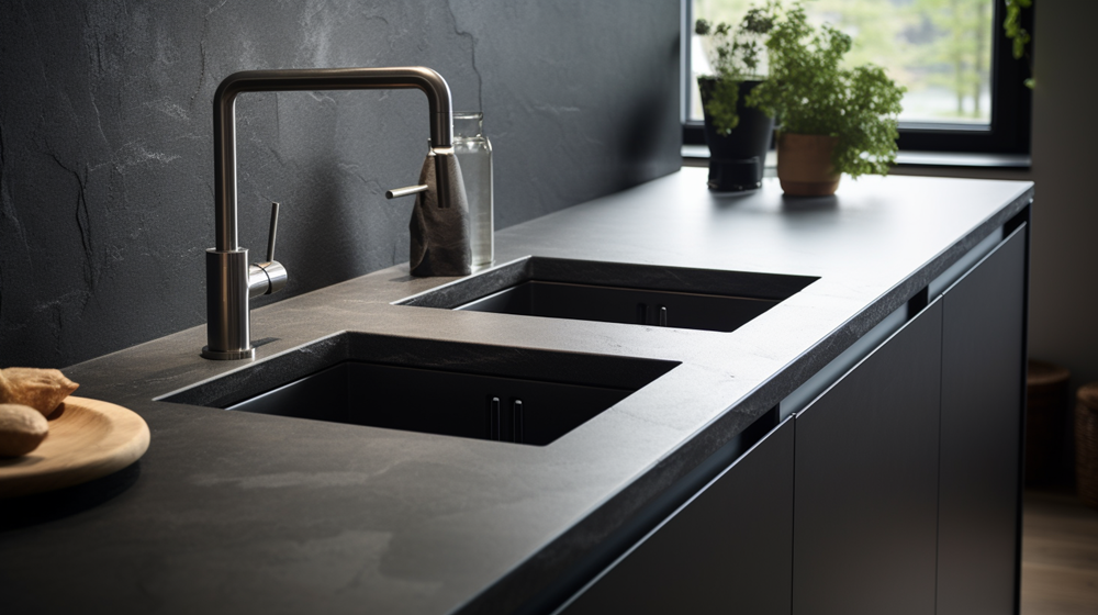 Solid surface motif batu alami warna abu-abu gelap pada dapur minimalis berwarna hitam.