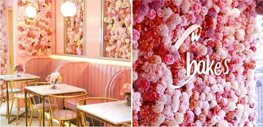 Interior cafe dengan nuansa shabby chic yang penuh bunga berwarna pink.