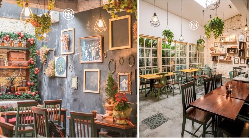 Interior cafe dengan nuansa rustic dan rumahan.