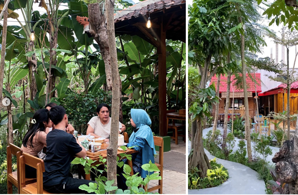 Restoran dengan suasana terbuka yang asri, di bawah pohon-pohon rindang.