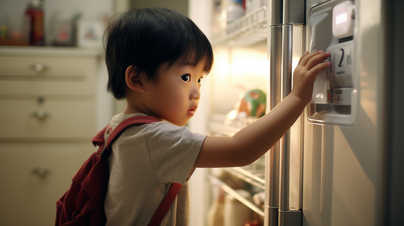 Seorang anak kecil berwajah Asia sedang menekan tombol di pintu kulkas.