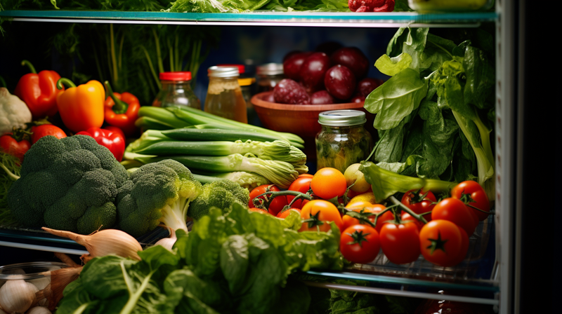 Bagian dalam kulkas yang dipenuhi dengan buah, sayur, dan makanan sehat lainnya.