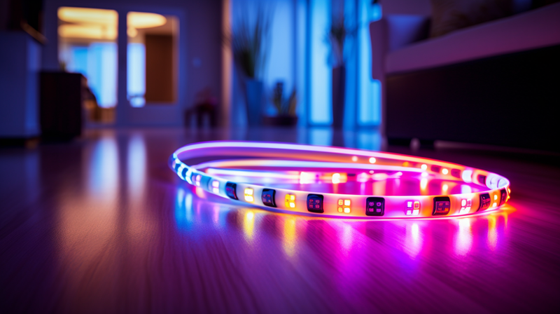 Lampu smart LED strip menyala di atas lantai di dalam rumah.