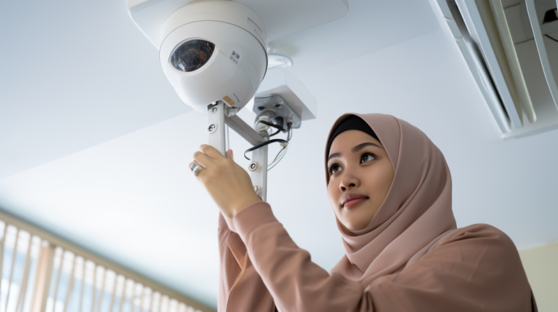 Seorang perempuan mandiri memasang CCTV sendiri.